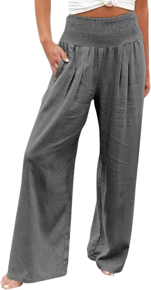 Women Linen Palazzo Pants 2024 Summer Casual Loose Beach Wide Leg Elastic High Waist Travel Lounge Pants with Pockets