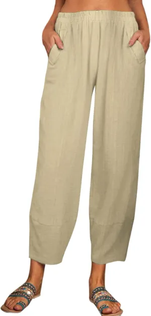 Women Linen Summer Flowy Palazzo Lounge Pants Elastic Waist Bootcut Slim Fit Trousers Trendy