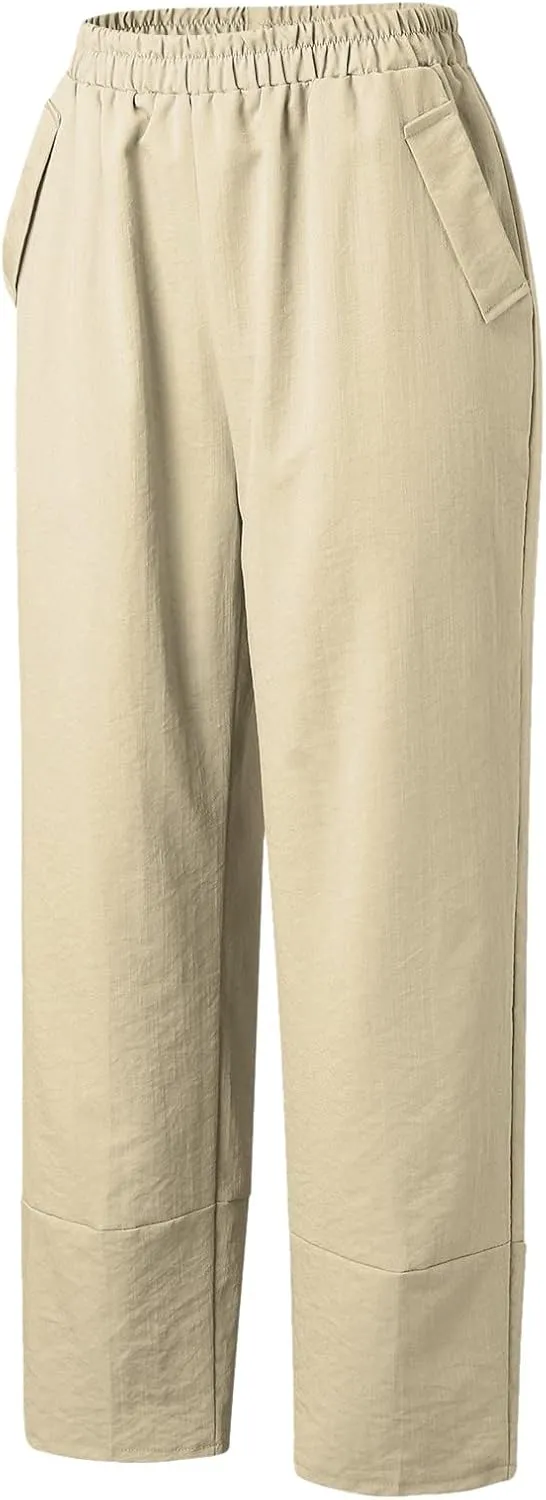Women Linen Summer Flowy Palazzo Lounge Pants Elastic Waist Bootcut Slim Fit Trousers Trendy