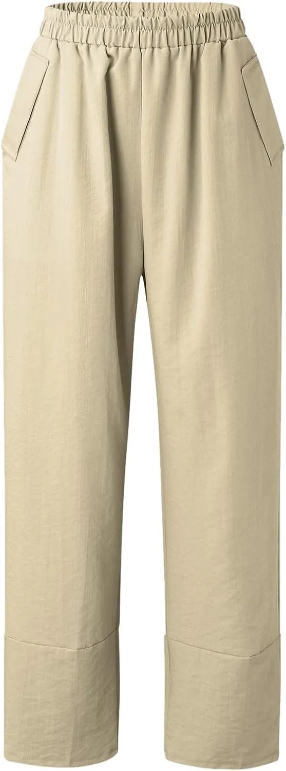 Women Linen Summer Flowy Palazzo Lounge Pants Elastic Waist Bootcut Slim Fit Trousers Trendy