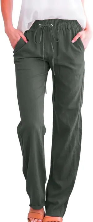 Women Linen Summer Loose Flowy Palazzo Pants Low Waist Baggy Stretchy Slim Fit Pants Trendy