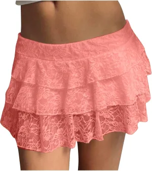 Women Tiered Ruffle Smocked Casual Shorts, Fashion Lace High Waisted Mini Flowy Skort Summer Streetwear Trendy Clothes