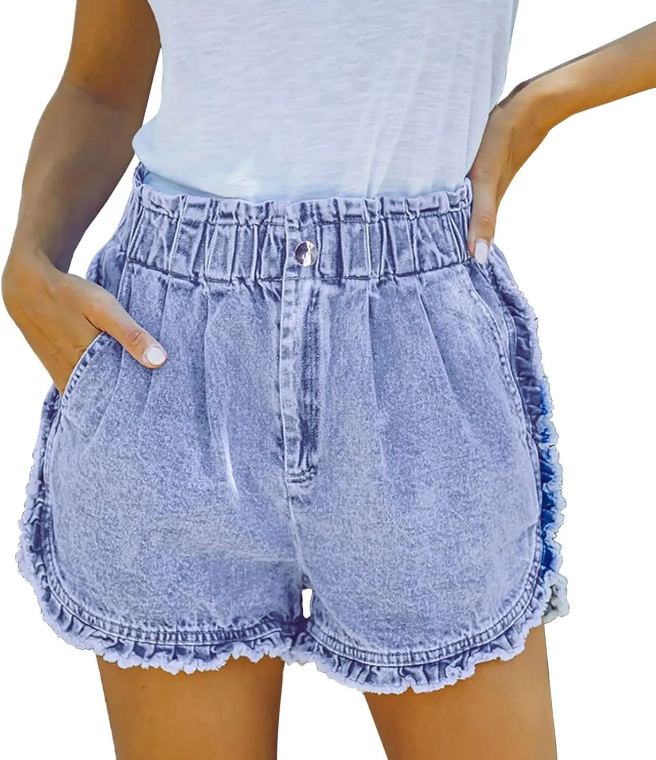 Womens Casual Short Jeans High Waisted Frayed Raw Hem Denim Shorts with Pockets 2024 Summer Trendy Sweat Short Jean Pants