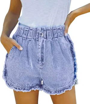 Womens Casual Short Jeans High Waisted Frayed Raw Hem Denim Shorts with Pockets 2024 Summer Trendy Sweat Short Jean Pants