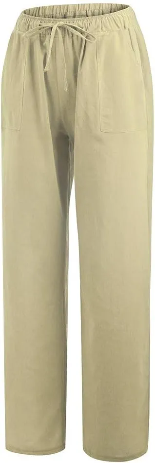 Womens Cotton Linen Summer Lightweigt Palazzo Pants High Waist Long Lounge Slim-Fit Pants Trendy