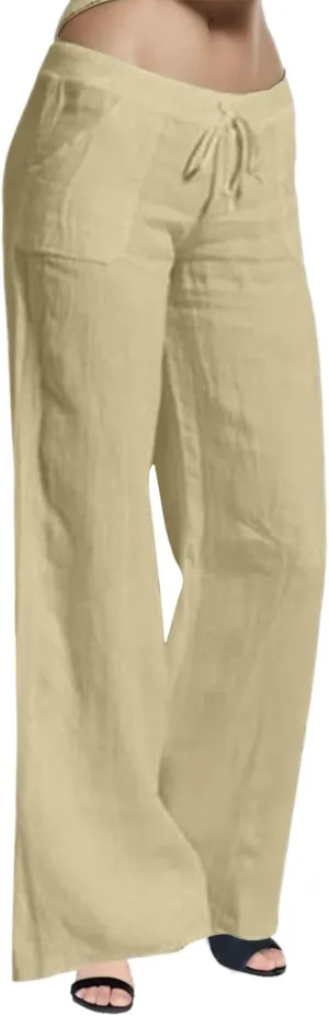 Womens Cotton Linen Summer Lightweigt Palazzo Pants High Waist Long Lounge Slim-Fit Pants Trendy