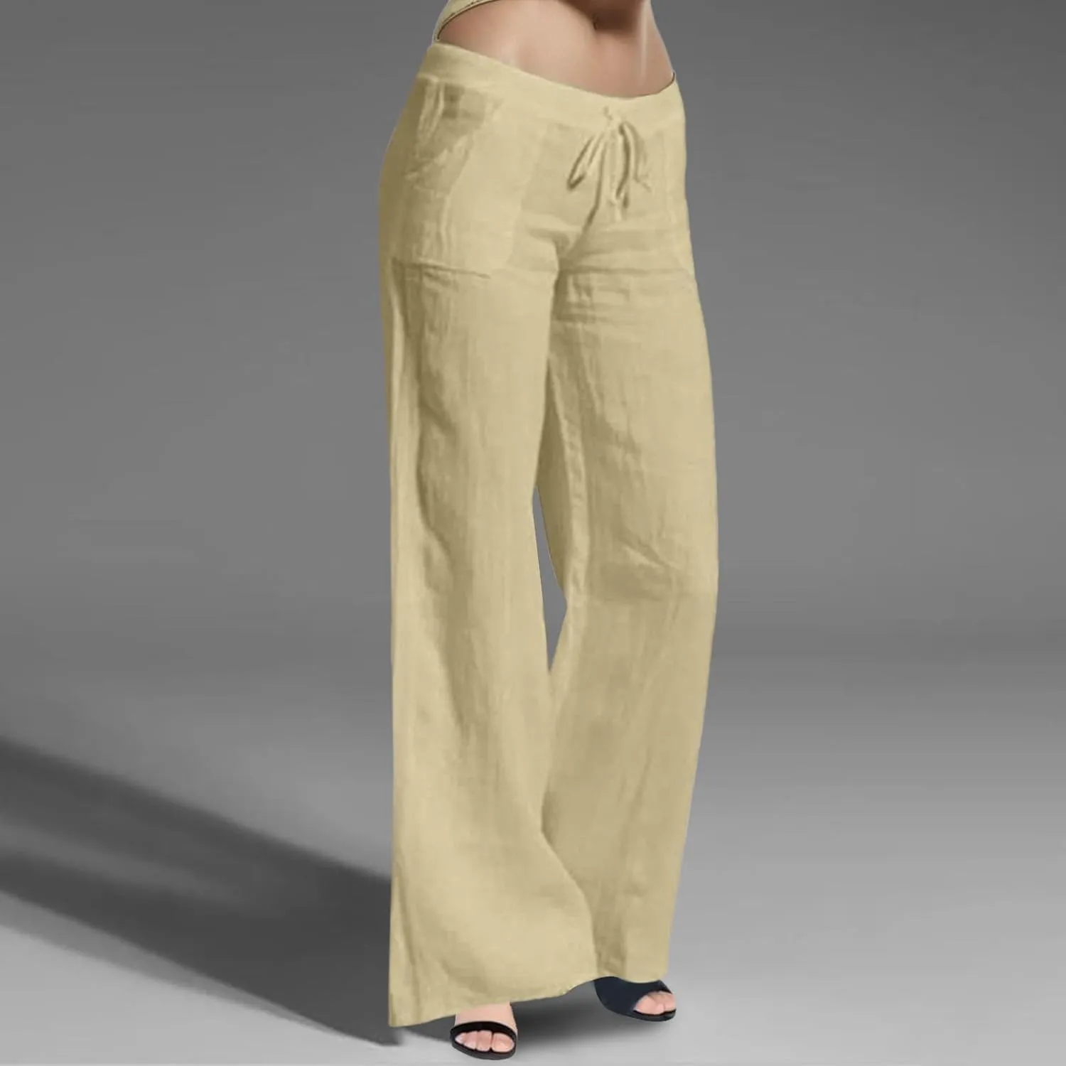 Womens Cotton Linen Summer Lightweigt Palazzo Pants High Waist Long Lounge Slim-Fit Pants Trendy