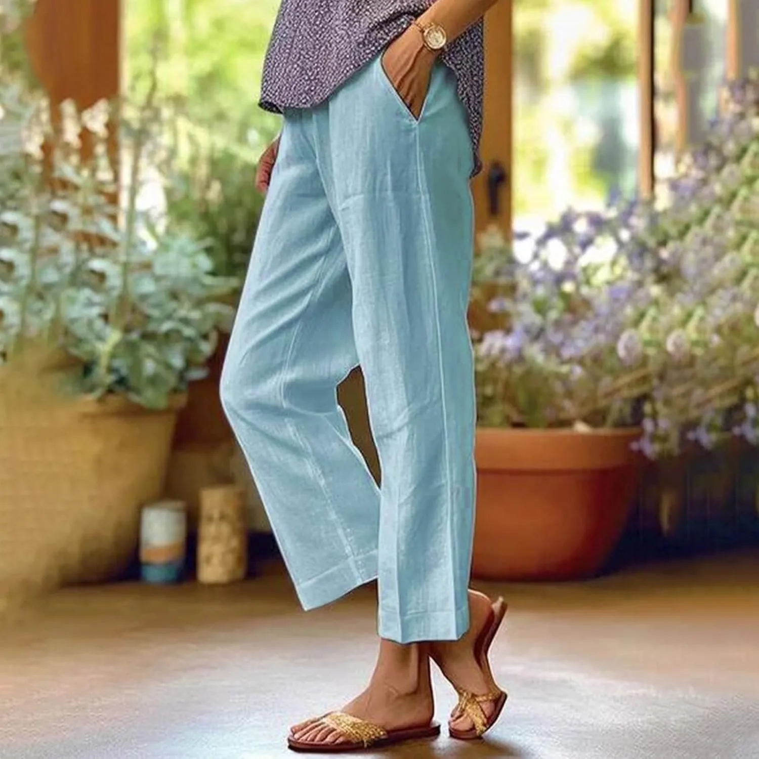 Women's Cotton Linen Summer Pull On Palazzo Lounge Pants Low Waist Bootcut Slim-Fit Trousers Trendy