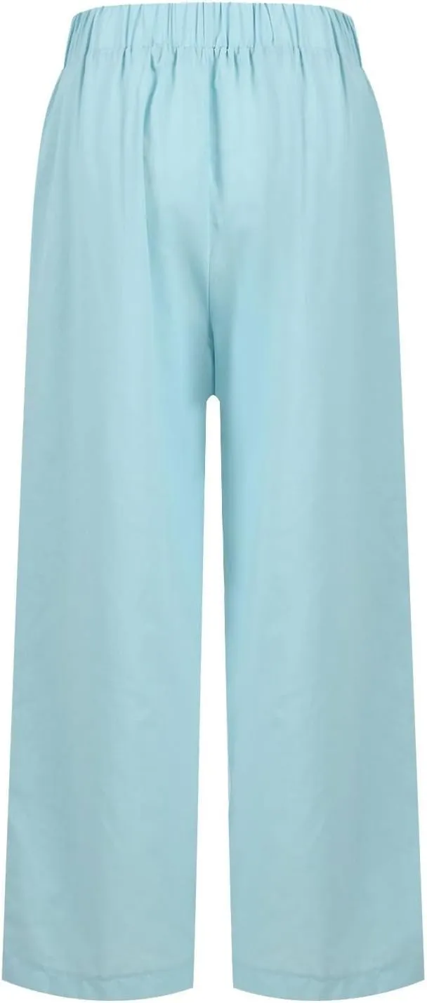 Women's Cotton Linen Summer Pull On Palazzo Lounge Pants Low Waist Bootcut Slim-Fit Trousers Trendy