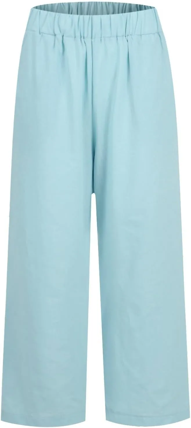 Women's Cotton Linen Summer Pull On Palazzo Lounge Pants Low Waist Bootcut Slim-Fit Trousers Trendy