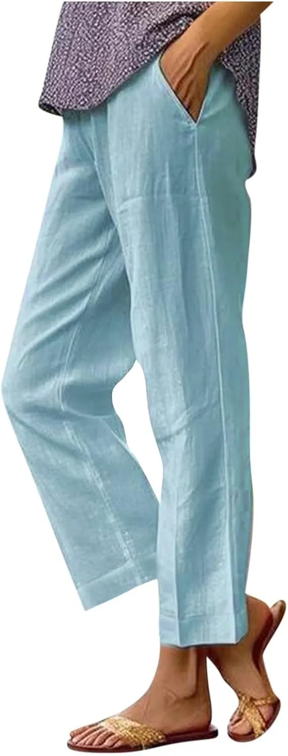 Women's Cotton Linen Summer Pull On Palazzo Lounge Pants Low Waist Bootcut Slim-Fit Trousers Trendy