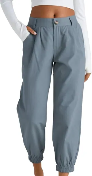 Women's Cropped Harem Pants Lightweight Solid Color Casual Sport Pant Trendy High Waist Cinch Bottom with Zipper Pocket