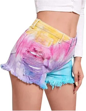 Womens Jean Shorts Tie-dye Distressed Denim Tassel Dressy Mid-High Waisted Cropped Summer Trendy with Pockets Party