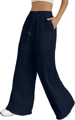 Women's Linen Blend Summer Flowy Pants Low Waist Stretchy Straight Slim Fit Palazzo Pants Work Business