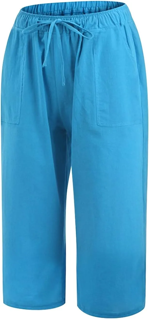 Womens Linen Summer Baggy Pant Trousers Elastic Waisted Ankle Length Loose Fit Pant Trousers Trendy