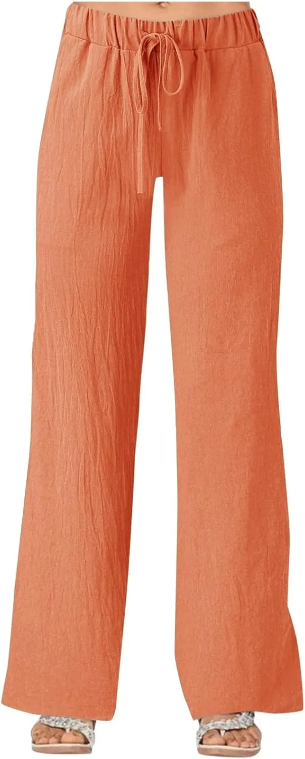 Womens Linen Summer Casual Pant Trousers Elastic Waist Long Lounge Slim Fit Palazzo Pants Trendy