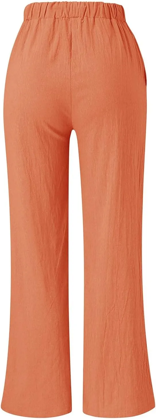 Womens Linen Summer Casual Pant Trousers Elastic Waist Long Lounge Slim Fit Palazzo Pants Trendy