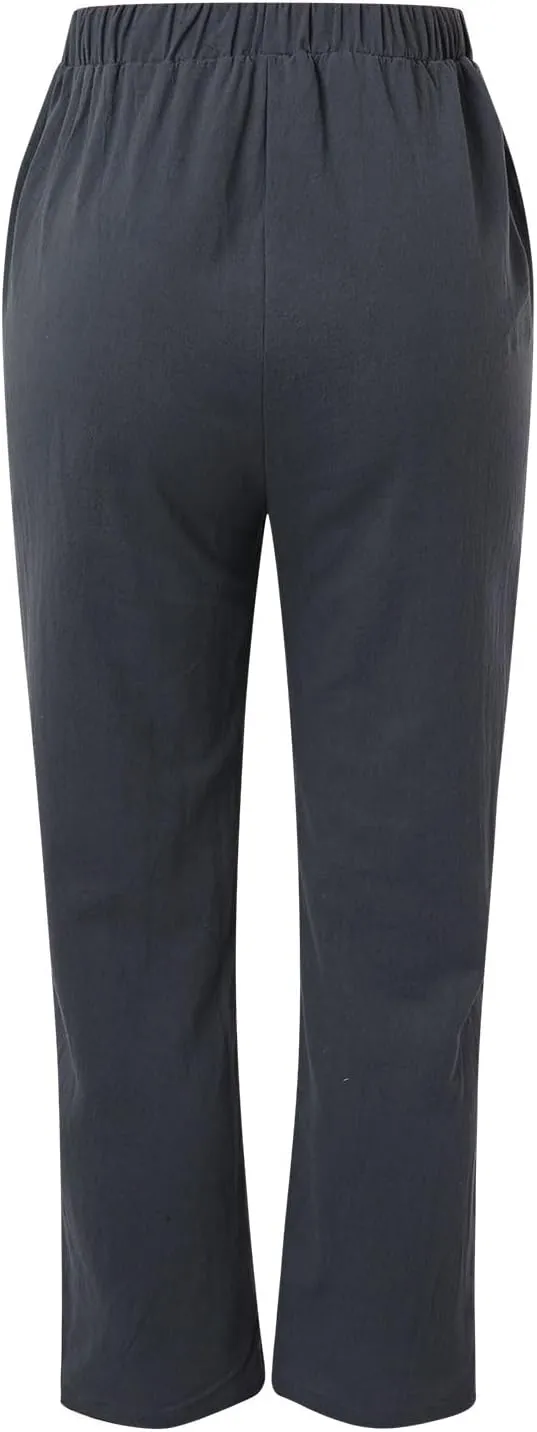 Women's Linen Summer Drawstring Pants Low Waist Wide Leg Slim-Fit Pant Trousers Trendy