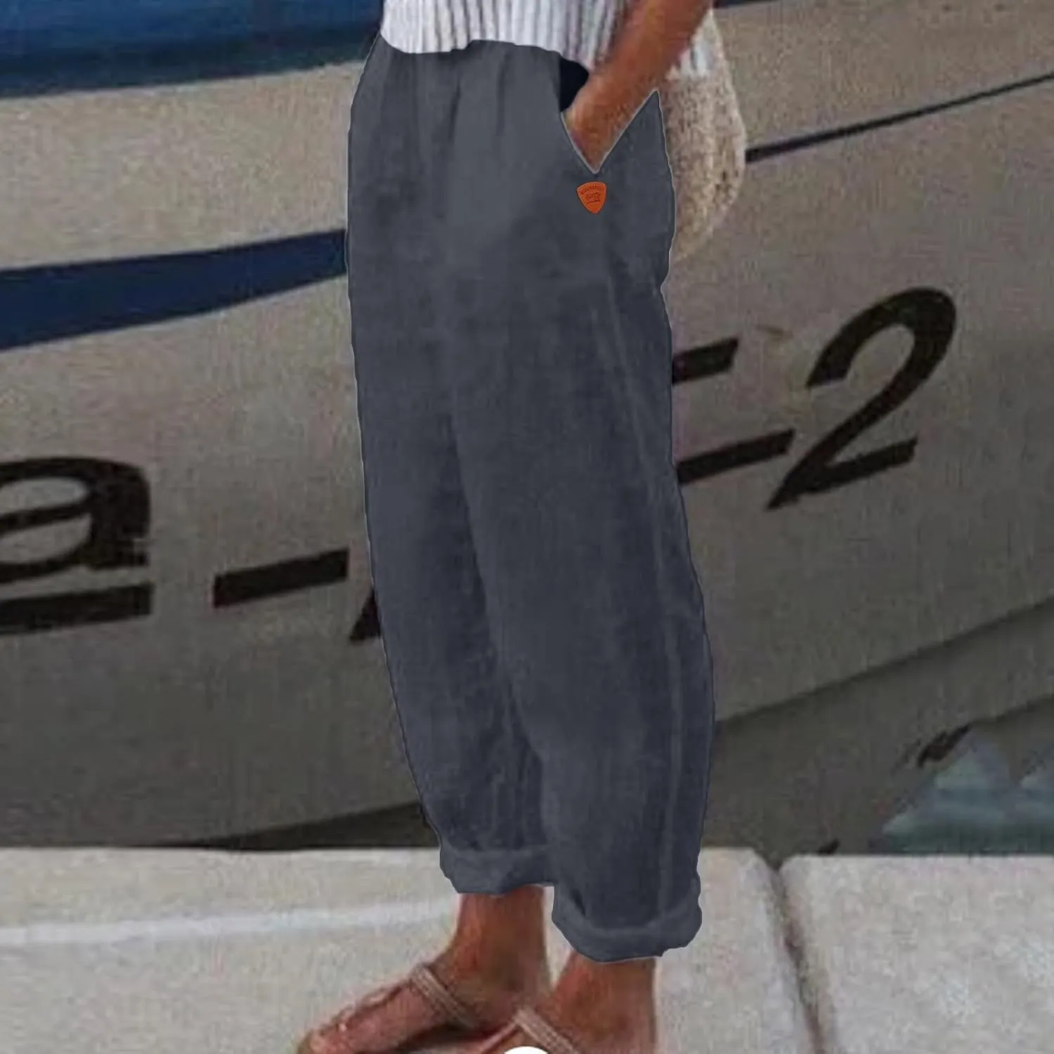 Women's Linen Summer Drawstring Pants Low Waist Wide Leg Slim-Fit Pant Trousers Trendy