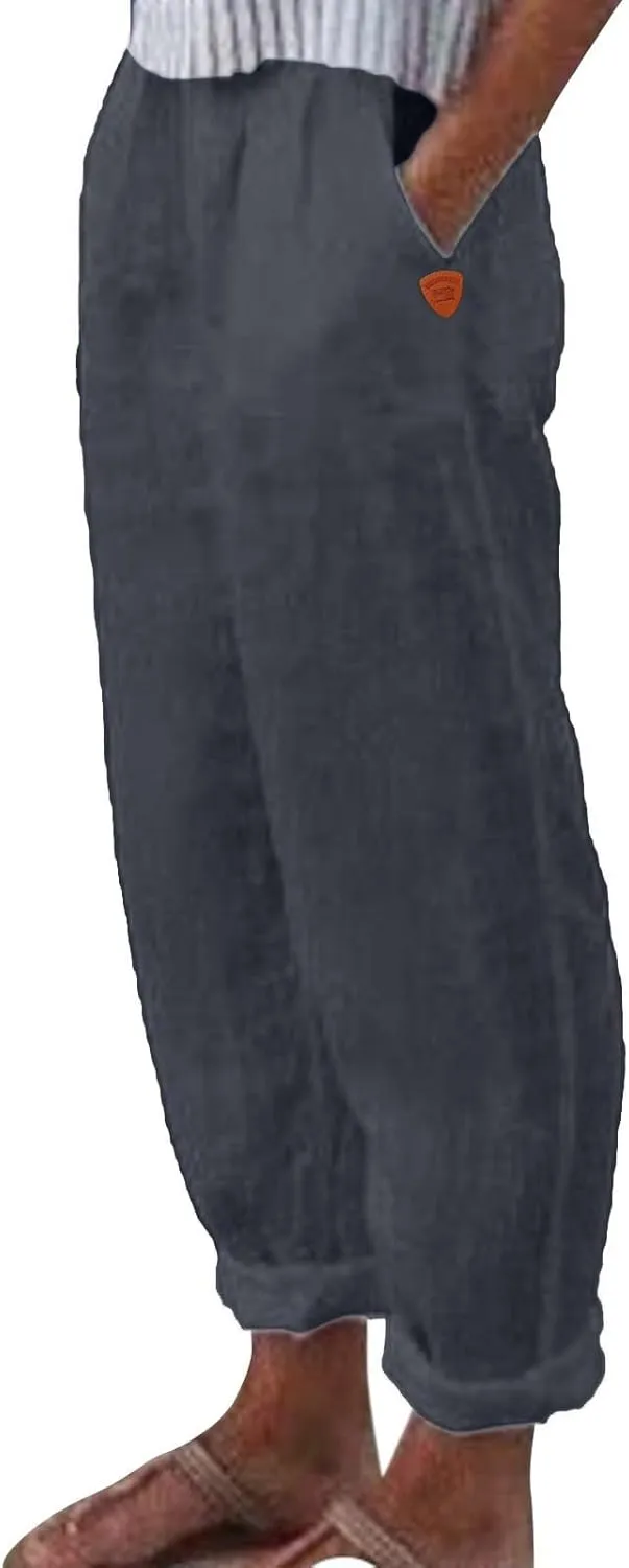 Women's Linen Summer Drawstring Pants Low Waist Wide Leg Slim-Fit Pant Trousers Trendy