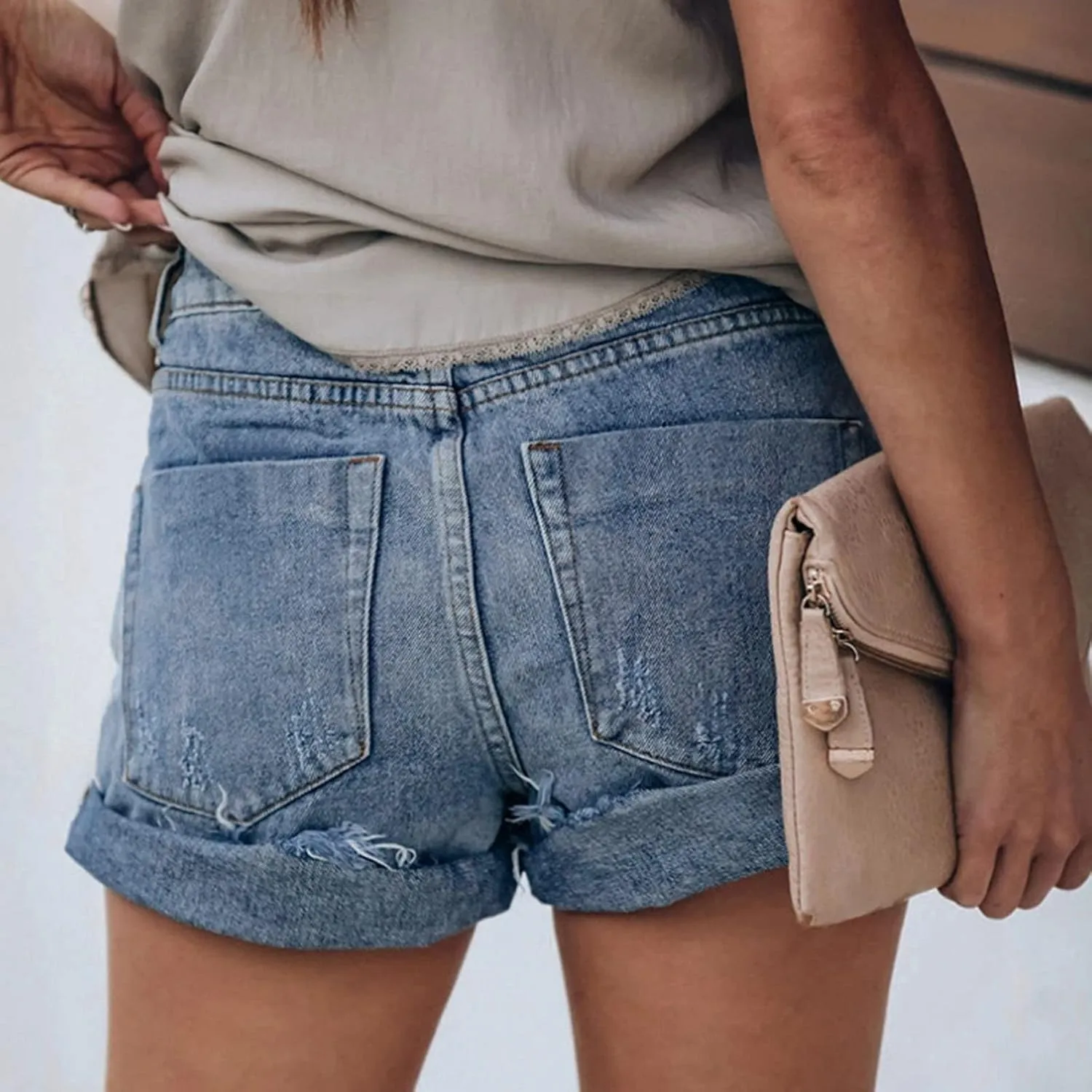 Womens Ripped Jean Shorts Button High Waisted Trendy Vintage Summer Stretchy Washed Denim Jorts with Pockets