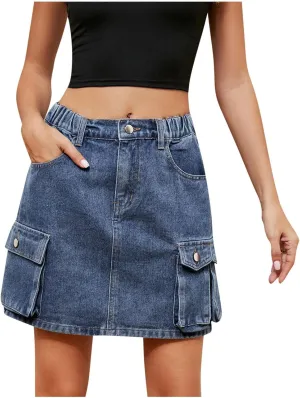 Womens Skirt with Utility Multi Pockets High Waist Cargo Pants Solid Color Knee-Length Denim Shorts Outdoor