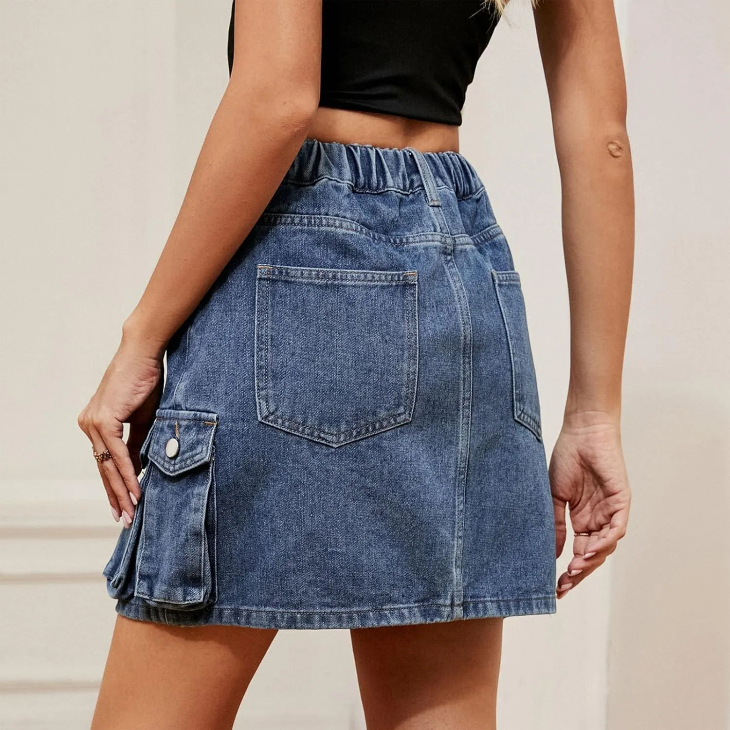 Womens Skirt with Utility Multi Pockets High Waist Cargo Pants Solid Color Knee-Length Denim Shorts Outdoor
