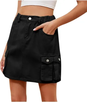 Womens Skirt with Utility Multi Pockets High Waist Cargo Pants Solid Color Knee-Length Denim Shorts Outdoor