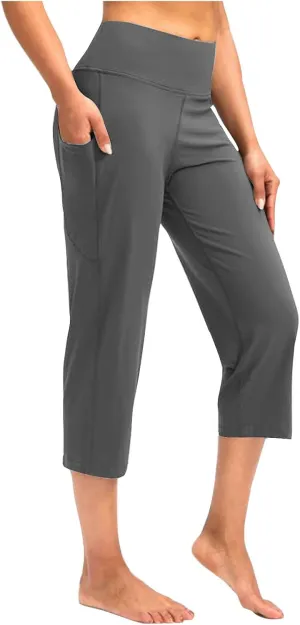 XUNRYAN Womens Capri Leggings Yoga Pants High Waist Crop Athletic Workout Gym Straight Leg Trousers Activewear with Pockets